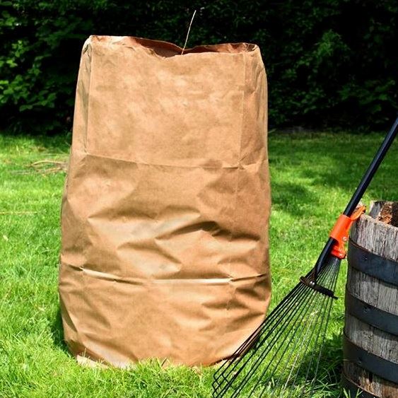 brown paper yard waste bag with rake