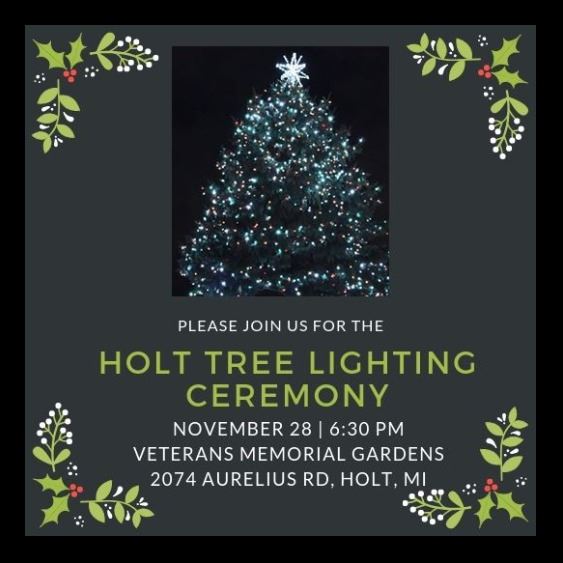 grey invitation to tree lighting ceremony with lit Christmas tree