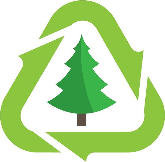 green evergreen tree surrounded by recycling symbol